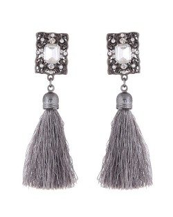 Rhinestone Embedded Vintage Court Style Hollow Rectangle Fashion Thread Tassel Ear Studs - Gray