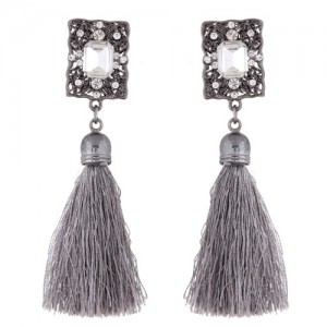 Rhinestone Embedded Vintage Court Style Hollow Rectangle Fashion Thread Tassel Ear Studs - Gray
