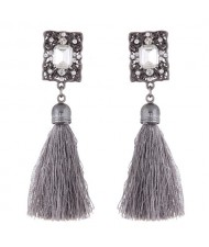 Rhinestone Embedded Vintage Court Style Hollow Rectangle Fashion Thread Tassel Ear Studs - Gray