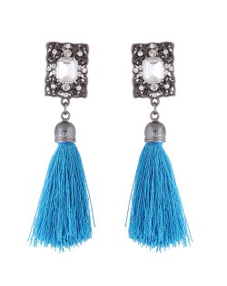 Rhinestone Embedded Vintage Court Style Hollow Rectangle Fashion Thread Tassel Ear Studs - Blue