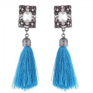 Rhinestone Embedded Vintage Court Style Hollow Rectangle Fashion Thread Tassel Ear Studs - Blue