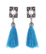 Rhinestone Embedded Vintage Court Style Hollow Rectangle Fashion Thread Tassel Ear Studs - Blue