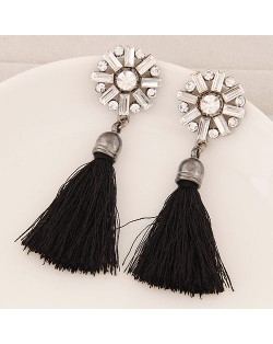 Thread Tassel Fashion Glass Gems and Rhinestone Combined Round Flower Ear Studs - Black