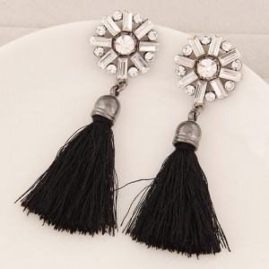 Thread Tassel Fashion Glass Gems and Rhinestone Combined Round Flower Ear Studs - Black
