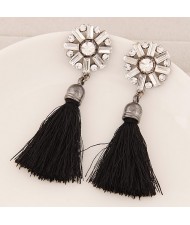 Thread Tassel Fashion Glass Gems and Rhinestone Combined Round Flower Ear Studs - Black