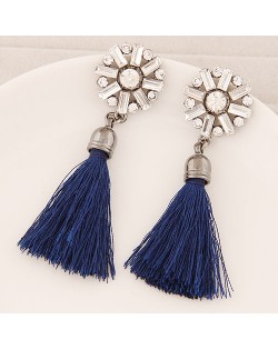 Thread Tassel Fashion Glass Gems and Rhinestone Combined Round Flower Ear Studs - Blue