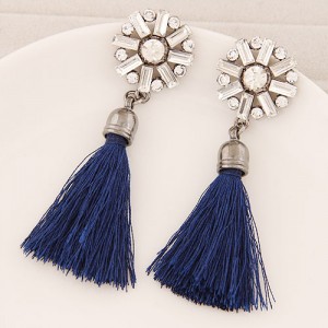 Thread Tassel Fashion Glass Gems and Rhinestone Combined Round Flower Ear Studs - Blue