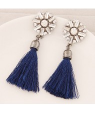 Thread Tassel Fashion Glass Gems and Rhinestone Combined Round Flower Ear Studs - Blue
