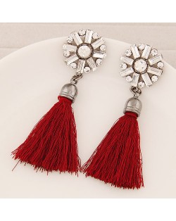 Thread Tassel Fashion Glass Gems and Rhinestone Combined Round Flower Ear Studs - Red