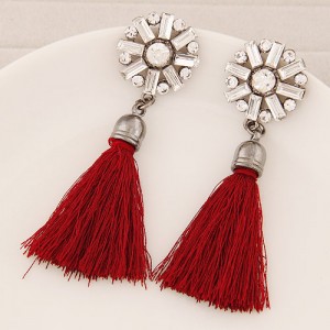 Thread Tassel Fashion Glass Gems and Rhinestone Combined Round Flower Ear Studs - Red
