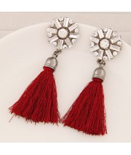 Thread Tassel Fashion Glass Gems and Rhinestone Combined Round Flower Ear Studs - Red
