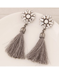 Thread Tassel Fashion Glass Gems and Rhinestone Combined Round Flower Ear Studs - Gray