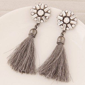 Thread Tassel Fashion Glass Gems and Rhinestone Combined Round Flower Ear Studs - Gray