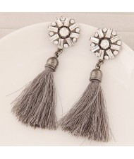 Thread Tassel Fashion Glass Gems and Rhinestone Combined Round Flower Ear Studs - Gray