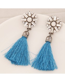 Thread Tassel Fashion Glass Gems and Rhinestone Combined Round Flower Ear Studs - Sky Blue