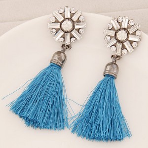 Thread Tassel Fashion Glass Gems and Rhinestone Combined Round Flower Ear Studs - Sky Blue