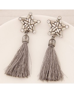 Glass Gems and Rhinestone Combined Five-pointed Star with Thread Tassel Fashion Ear Studs - Gray
