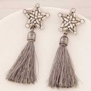 Glass Gems and Rhinestone Combined Five-pointed Star with Thread Tassel Fashion Ear Studs - Gray
