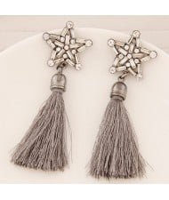 Glass Gems and Rhinestone Combined Five-pointed Star with Thread Tassel Fashion Ear Studs - Gray