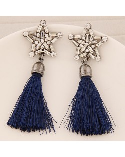 Glass Gems and Rhinestone Combined Five-pointed Star with Thread Tassel Fashion Ear Studs - Dark Blue