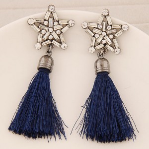 Glass Gems and Rhinestone Combined Five-pointed Star with Thread Tassel Fashion Ear Studs - Dark Blue