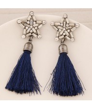 Glass Gems and Rhinestone Combined Five-pointed Star with Thread Tassel Fashion Ear Studs - Dark Blue