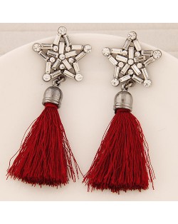 Glass Gems and Rhinestone Combined Five-pointed Star with Thread Tassel Fashion Ear Studs - Red