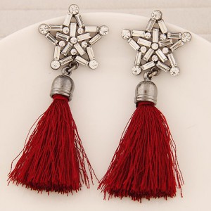 Glass Gems and Rhinestone Combined Five-pointed Star with Thread Tassel Fashion Ear Studs - Red