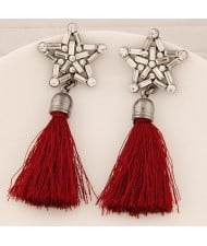 Glass Gems and Rhinestone Combined Five-pointed Star with Thread Tassel Fashion Ear Studs - Red
