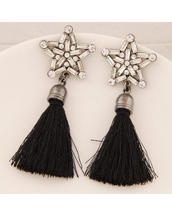 Glass Gems and Rhinestone Combined Five-pointed Star with Thread Tassel Fashion Ear Studs - Black