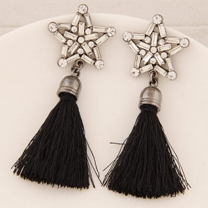 Glass Gems and Rhinestone Combined Five-pointed Star with Thread Tassel Fashion Ear Studs - Black