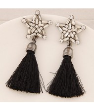 Glass Gems and Rhinestone Combined Five-pointed Star with Thread Tassel Fashion Ear Studs - Black