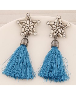 Glass Gems and Rhinestone Combined Five-pointed Star with Thread Tassel Fashion Ear Studs - Sky Blue