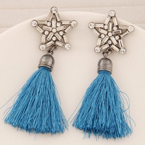 Glass Gems and Rhinestone Combined Five-pointed Star with Thread Tassel Fashion Ear Studs - Sky Blue