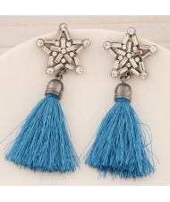 Glass Gems and Rhinestone Combined Five-pointed Star with Thread Tassel Fashion Ear Studs - Sky Blue