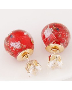 Porcelain Texture Abstract Flowers Ball with Rhinestone Decorated Fashion Ear Studs - Red