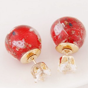 Porcelain Texture Abstract Flowers Ball with Rhinestone Decorated Fashion Ear Studs - Red