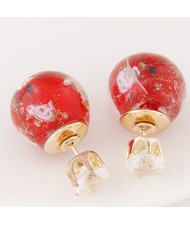 Porcelain Texture Abstract Flowers Ball with Rhinestone Decorated Fashion Ear Studs - Red