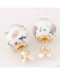 Porcelain Texture Abstract Flowers Ball with Rhinestone Decorated Fashion Ear Studs - White