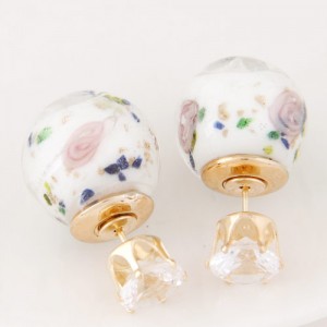 Porcelain Texture Abstract Flowers Ball with Rhinestone Decorated Fashion Ear Studs - White