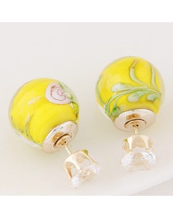 Porcelain Texture Abstract Flowers Ball with Rhinestone Decorated Fashion Ear Studs - Yellow