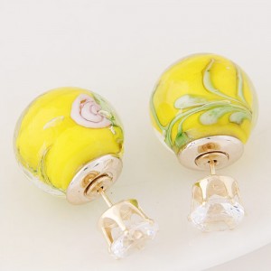 Porcelain Texture Abstract Flowers Ball with Rhinestone Decorated Fashion Ear Studs - Yellow