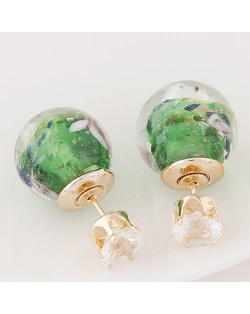Porcelain Texture Abstract Flowers Ball with Rhinestone Decorated Fashion Ear Studs - Green
