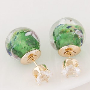 Porcelain Texture Abstract Flowers Ball with Rhinestone Decorated Fashion Ear Studs - Green