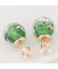 Porcelain Texture Abstract Flowers Ball with Rhinestone Decorated Fashion Ear Studs - Green