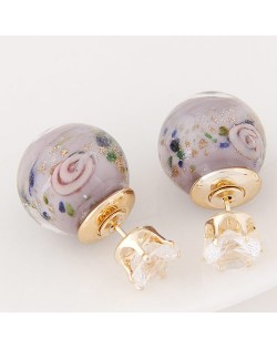 Porcelain Texture Abstract Flowers Ball with Rhinestone Decorated Fashion Ear Studs - Gray