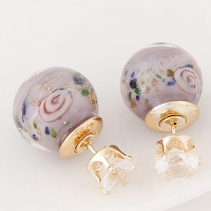 Porcelain Texture Abstract Flowers Ball with Rhinestone Decorated Fashion Ear Studs - Gray