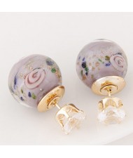 Porcelain Texture Abstract Flowers Ball with Rhinestone Decorated Fashion Ear Studs - Gray