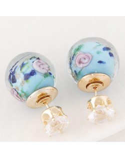 Porcelain Texture Abstract Flowers Ball with Rhinestone Decorated Fashion Ear Studs - Blue
