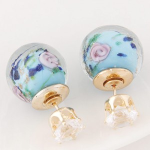 Porcelain Texture Abstract Flowers Ball with Rhinestone Decorated Fashion Ear Studs - Blue